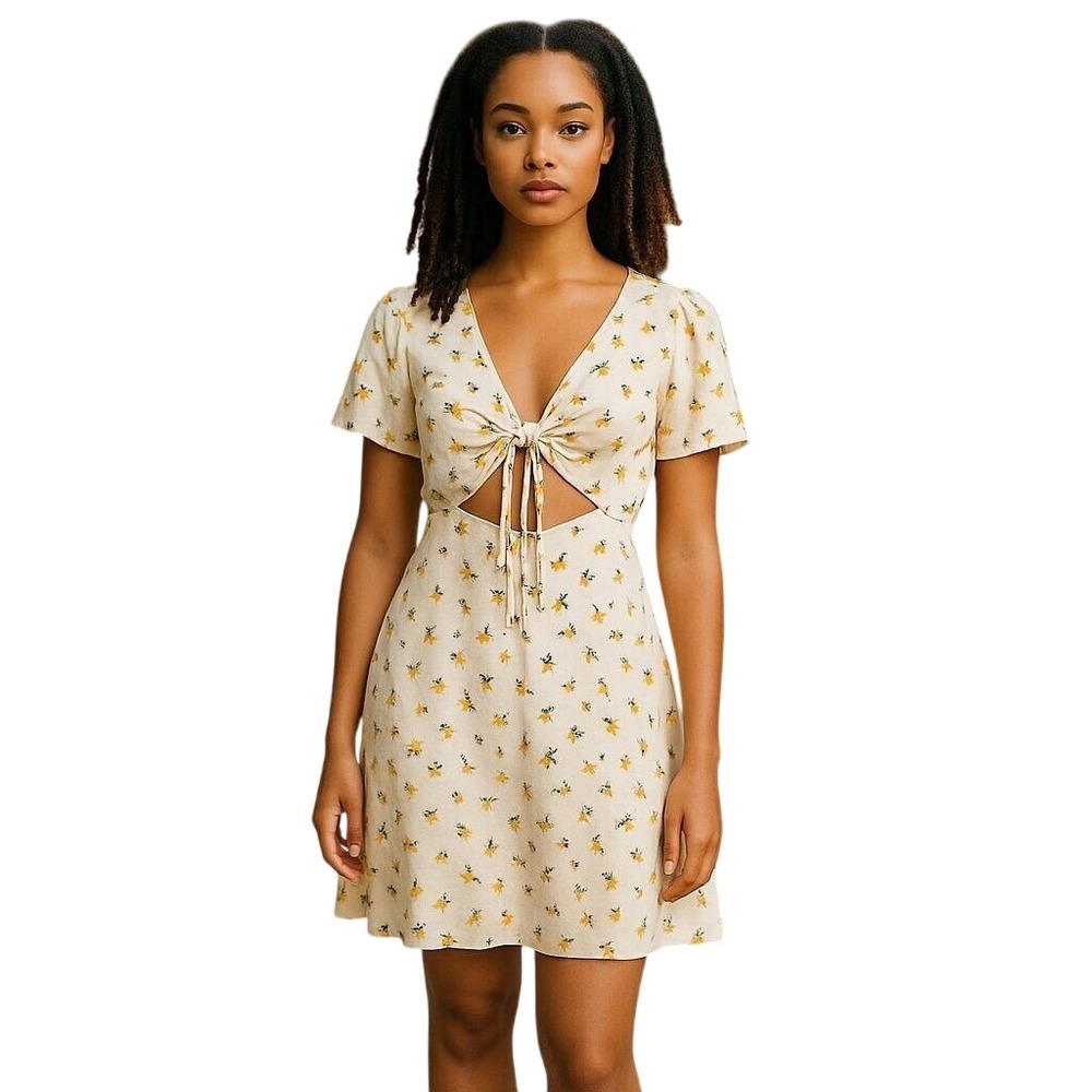 Lottie Moss Floral Mini Dress Tie Front Cut Out Short Sleeve Yellow S‎